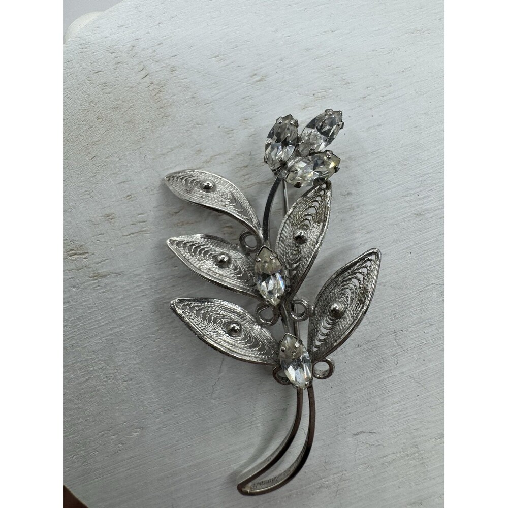Vtg Sterling Silver Filigree Flower Brooch Pin Crystal Marquis Stones Signed CC